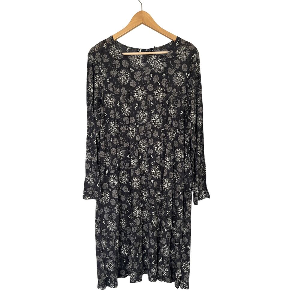 Gudrun Sjoden Floral Tunic Dress Black Gray Scandinavian Lyocell M Long Sleeves
